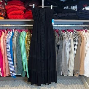 Justify black strapless elastic waistband embroidered lined midi dress S NWT